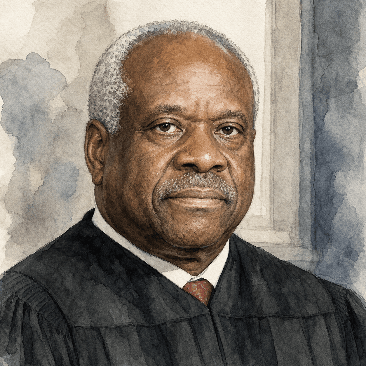 Illustrative watercolor portrait of Clarence Thomas