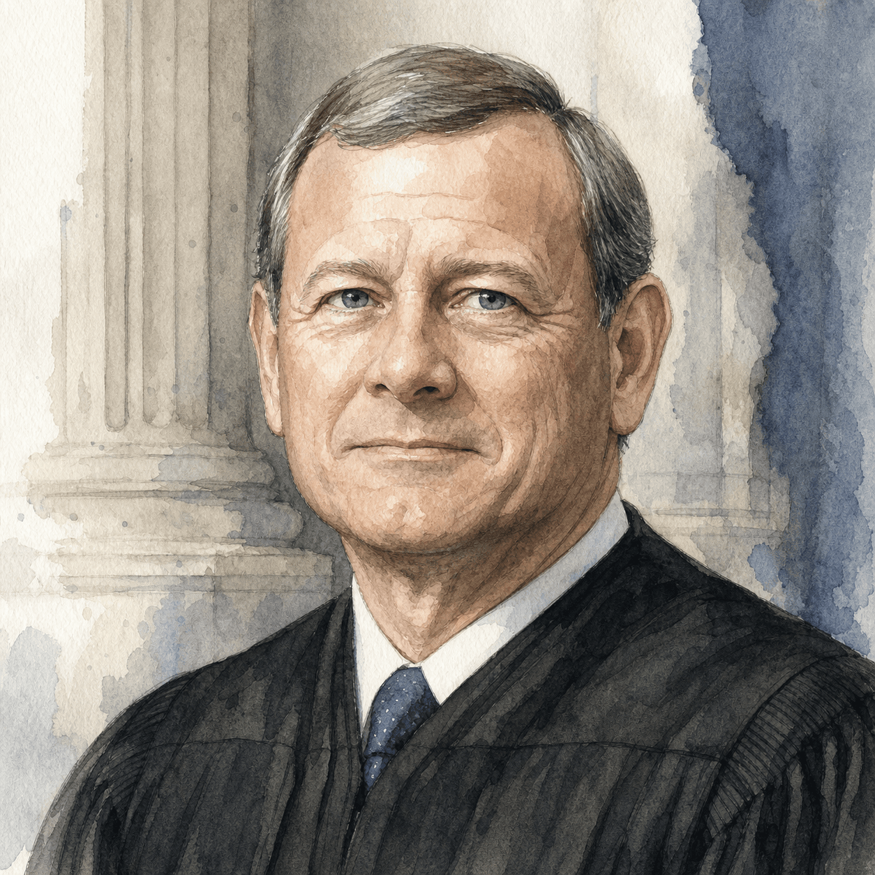 Illustrative watercolor portrait of John G. Roberts, Jr.