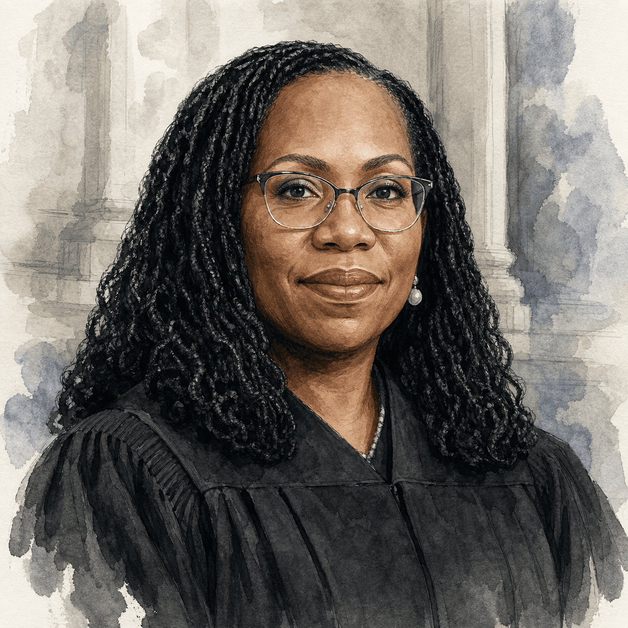 Illustrative watercolor portrait of Ketanji Brown Jackson