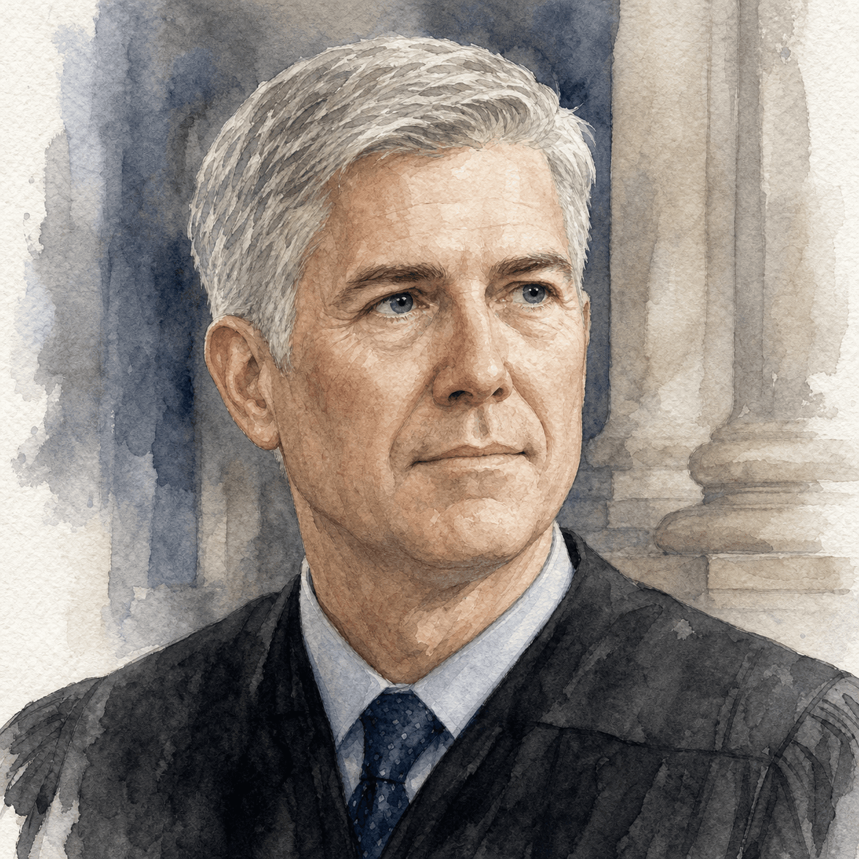 Illustrative watercolor portrait of Neil Gorsuch
