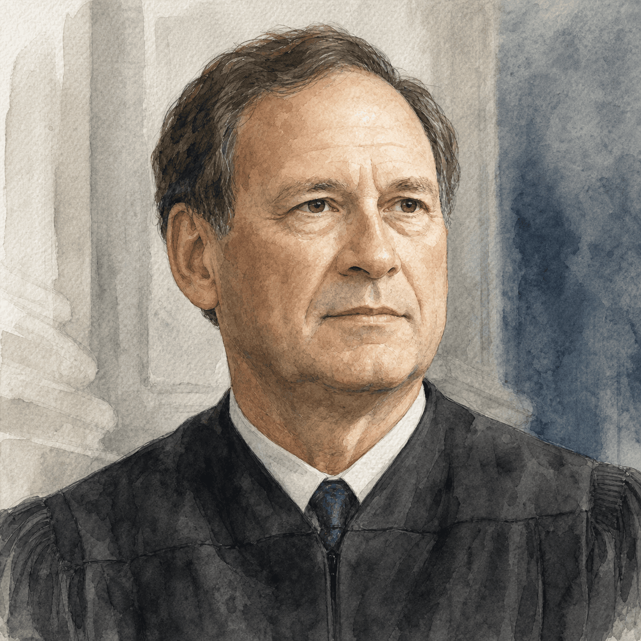 Illustrative watercolor portrait of Samuel A. Alito, Jr.